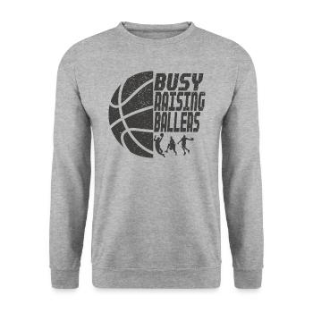 Basketball Papa Busy Raising Ballers Geschenkidee - Unisex Pullover - Weißgrau meliert - Vorne - Alina (178cm) & Michal (187cm)