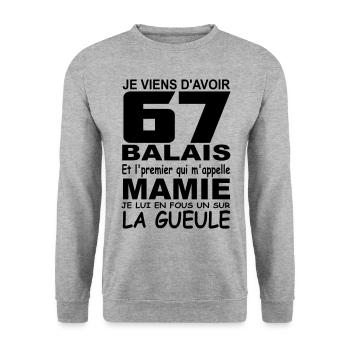Je viens d'avoir 67 balais / anniversaire 67 ans - Sweat-shirt Unisexe - gris chiné - Devant - Alina (178cm) & Michal (187cm)