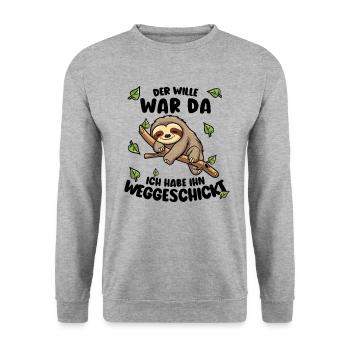 Faultier Lustiger Spruch: Der Wille war da - Unisex Pullover - Weißgrau meliert - Vorne - Alina (178cm) & Michal (187cm)