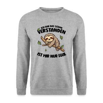 Faultier Lustiger Spruch: ... ist mir nur egal - Unisex Pullover - Weißgrau meliert - Vorne - Alina (178cm) & Michal (187cm)