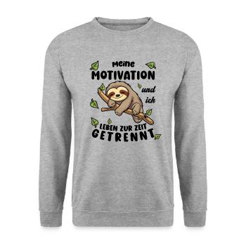 Faultier Lustiger Spruch: Meine Motivation und ich - Unisex Pullover - Weißgrau meliert - Vorne - Alina (178cm) & Michal (187cm)