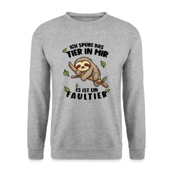 Faultier Lustiger Spruch Ich spüre das Tier in mir - Unisex Pullover - Weißgrau meliert - Vorne - Alina (178cm) & Michal (187cm)