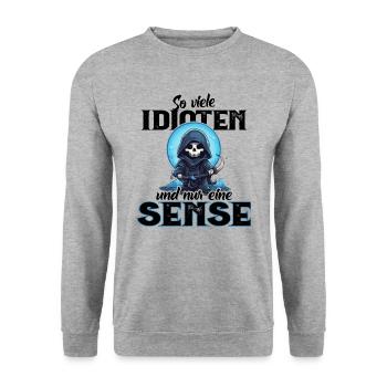 Lustig - So viele Idioten und nur eine Sense - Unisex Pullover - Weißgrau meliert - Vorne - Alina (178cm) & Michal (187cm)