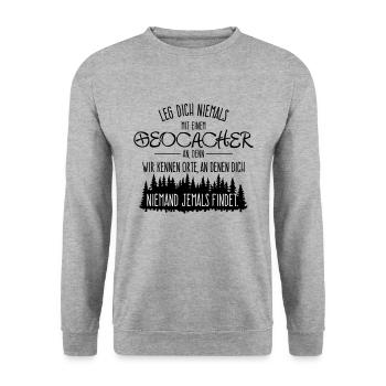 Geocacher Geocaching Schatzsuche Rätsel Geschenke - Unisex Pullover - Weißgrau meliert - Vorne - Alina (178cm) & Michal (187cm)