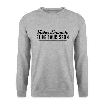 Vivre d'amour et de saucisson. Cadeau apéro humour - Sweat-shirt Unisexe - gris chiné - Devant - Alina (178cm) & Michal (187cm)