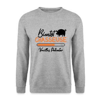 Bientôt Chasseuse veuillez patienter - Sweat-shirt Unisexe - gris chiné - Devant - Alina (178cm) & Michal (187cm)