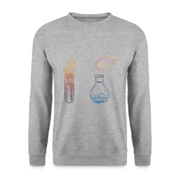 Chemie Kolben Reaktion Labor Spruch Geschenk - Unisex Pullover - Weißgrau meliert - Vorne - Alina (178cm) & Michal (187cm)