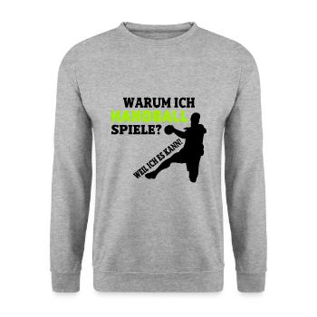Warum ich Hanball Spiele Handballer Geschenk - Unisex Pullover - Weißgrau meliert - Vorne - Alina (178cm) & Michal (187cm)