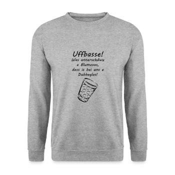 Uffbasse Dubbeglass Pfaelzer Dialekt Geschenk - Unisex Pullover - Weißgrau meliert - Vorne - Alina (178cm) & Michal (187cm)