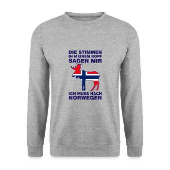 Ich muss nach Norwegen Urlaub Camping Wohnmobil - Unisex Pullover - Weißgrau meliert - Vorne - Alina (178cm) & Michal (187cm)