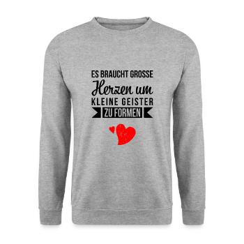 Es braucht grosse herzen Lehrers Geschenk Schule - Unisex Pullover - Weißgrau meliert - Vorne - Alina (178cm) & Michal (187cm)