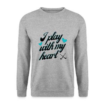 Hockey: Ich spiele mit meinem Herzen. - Unisex Pullover - Weißgrau meliert - Vorne - Alina (178cm) & Michal (187cm)