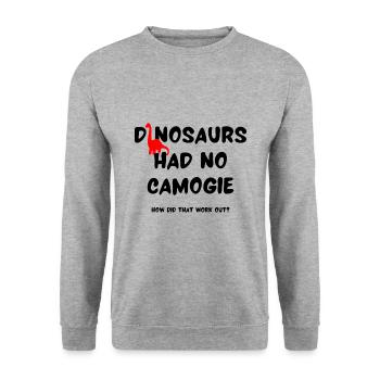 Dinosaurier hatten keine Camogie Wie hat das geklappt? - Unisex Pullover - Weißgrau meliert - Vorne - Alina (178cm) & Michal (187cm)