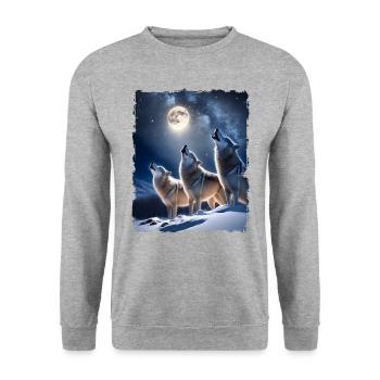 Wölfe Heulen zum Mond Schnee Mystisch - Unisex Pullover - Weißgrau meliert - Vorne - Alina (178cm) & Michal (187cm)