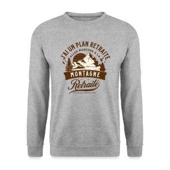 J'ai un plan retraite, aller marcher à la montagne - Sweat-shirt Unisexe - gris chiné - Devant - Alina (178cm) & Michal (187cm)
