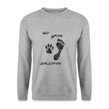 "Nous allons faire une promenade" T-shirt pour les amoureux des chiens - Sweat-shirt Unisexe - gris chiné - Devant - Alina (178cm) & Michal (187cm)