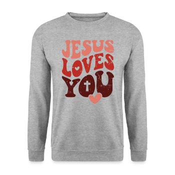Jésus t’aime t’aime Verset biblique chrétien - Sweat-shirt Unisexe - gris chiné - Devant - Alina (178cm) & Michal (187cm)