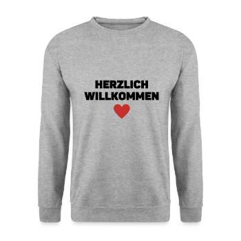 Herzlich Willkommen Lieblingsmensch Herz Liebe - Unisex Pullover - Weißgrau meliert - Vorne - Alina (178cm) & Michal (187cm)