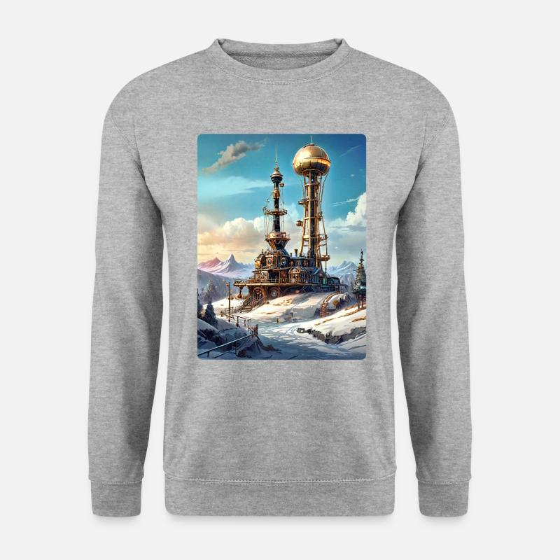 Steampunk Winterlandschaft mit Funkturm 1.8 - Unisex Pullover - Weißgrau meliert