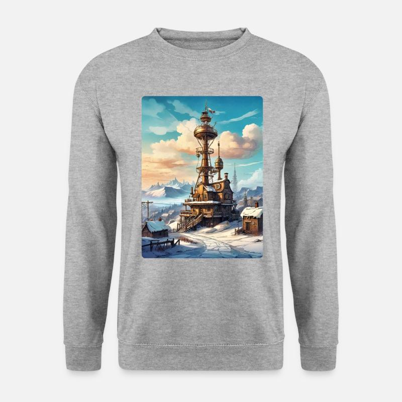 Steampunk Winterlandschaft mit Funkturm 1.16 - Unisex Pullover - Weißgrau meliert