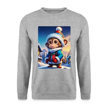 Anime Winterlandschaft Affe 1.1 - Unisex Pullover - Weißgrau meliert - Vorne - Alina (178cm) & Michal (187cm)