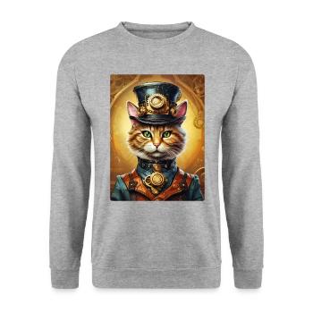 Steampunk Katze 1.1 - Unisex Pullover - Weißgrau meliert - Vorne - Alina (178cm) & Michal (187cm)