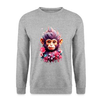 Affe Monkey V1 24 07 - Unisex Pullover - Weißgrau meliert - Vorne - Alina (178cm) & Michal (187cm)