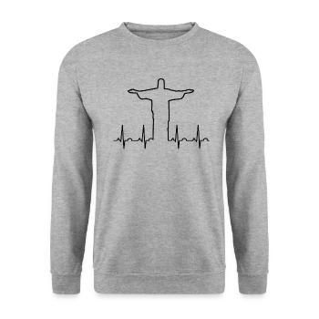 Jesus Christus Herzschlag (schwarz) - Unisex Pullover - Weißgrau meliert - Vorne - Alina (178cm) & Michal (187cm)