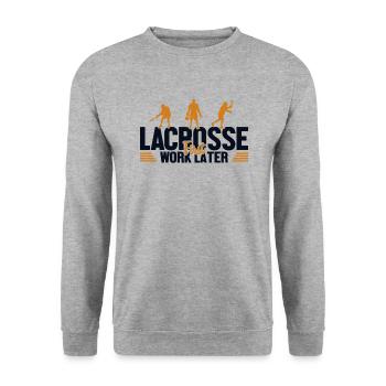 Lacrosse First Work Later Lax Spieler Polocrosse - Unisex Pullover - Weißgrau meliert - Vorne - Alina (178cm) & Michal (187cm)