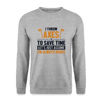 Wirf Äxte Nehmen wir an, ich bin richtig Axtwerfen - Unisex Pullover - Weißgrau meliert - Vorne - Alina (178cm) & Michal (187cm)