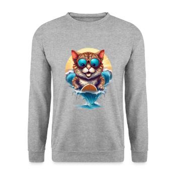 "Surfing Cat" t-shirt! A cool cat with a sun bri - Unisex Sweatshirt - salt & pepper - Front - Alina (178cm) & Michal (187cm)