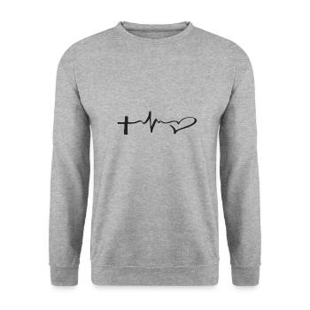 Kreuz = Liebe (schwarzes Logo) - Unisex Pullover - Weißgrau meliert - Vorne - Alina (178cm) & Michal (187cm)