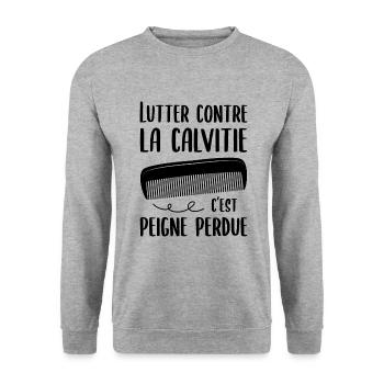 Lutter contre la calvitie c'est peigne perdue - Sweat-shirt Unisexe - gris chiné - Devant - Alina (178cm) & Michal (187cm)