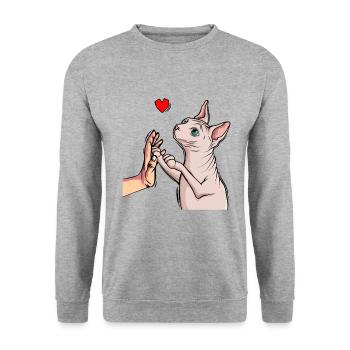 Sphynx Katze Sphinx Nacktkatze - Unisex Pullover - Weißgrau meliert - Vorne - Alina (178cm) & Michal (187cm)