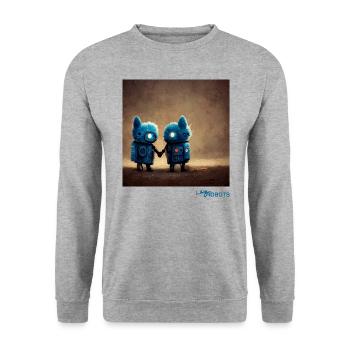 Zwei niedliche blaue Roboter halten Händchen - Unisex Pullover - Weißgrau meliert - Vorne - Alina (178cm) & Michal (187cm)