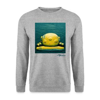 Süßer gelber Roboter, der auf Wasser ruht - Unisex Pullover - Weißgrau meliert - Vorne - Alina (178cm) & Michal (187cm)