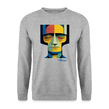 Abstraktes Porträt eines bunten, faulen Roboters - Unisex Pullover - Weißgrau meliert - Vorne - Alina (178cm) & Michal (187cm)