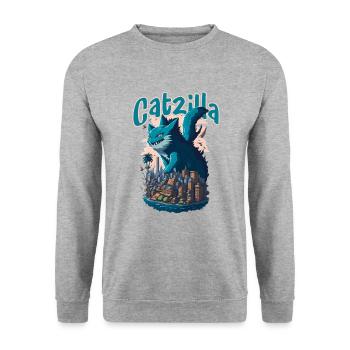 Catzilla Unleashed Funny Cartoon-Style Feline - Unisex Pullover - Weißgrau meliert - Vorne - Alina (178cm) & Michal (187cm)