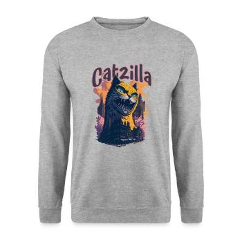Catzilla Unleashed Funny Cartoon-Style Feline - Unisex Pullover - Weißgrau meliert - Vorne - Alina (178cm) & Michal (187cm)