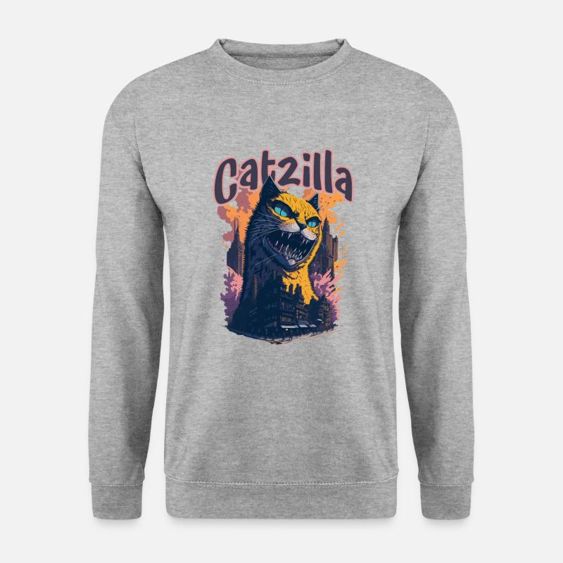 Catzilla Unleashed Funny Cartoon-Style Feline - Unisex Pullover - Weißgrau meliert