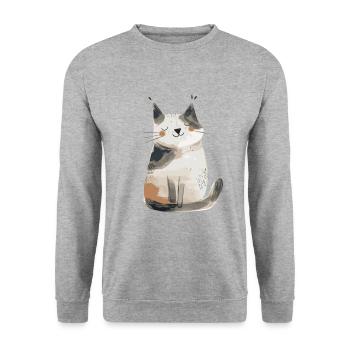Niedliche skurrile Katzenillustration - Entzückendes Tier - Unisex Pullover - Weißgrau meliert - Vorne - Alina (178cm) & Michal (187cm)
