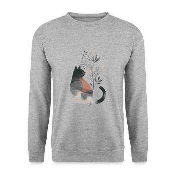 Niedliche skurrile Katzenillustration - Entzückendes Tier - Unisex Pullover - Weißgrau meliert - Vorne - Alina (178cm) & Michal (187cm)