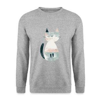 Niedliche skurrile Katzenillustration - Entzückendes Tier - Unisex Pullover - Weißgrau meliert - Vorne - Alina (178cm) & Michal (187cm)