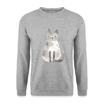 Niedliche skurrile Katzenillustration - Entzückendes Tier - Unisex Pullover - Weißgrau meliert - Vorne - Alina (178cm) & Michal (187cm)