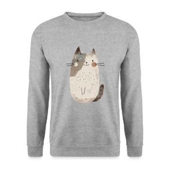 Niedliche skurrile Katzenillustration - Entzückendes Tier - Unisex Pullover - Weißgrau meliert - Vorne - Alina (178cm) & Michal (187cm)