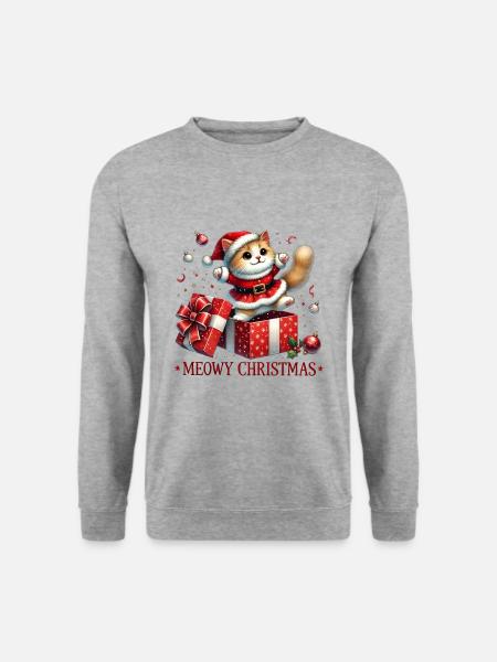 Meowy Christmas Süße Katze Weihnachtsmotiv - Unisex Pullover - Weißgrau meliert