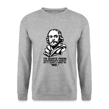 Shakespeares "Nein"-Zitat - Lustiges Hamlet-Zitat - Unisex Pullover - Weißgrau meliert - Vorne - Alina (178cm) & Michal (187cm)