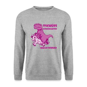 Dino T-Rex Schule Dinosaurier Schulkind Einhorn - Unisex Pullover - Weißgrau meliert - Vorne - Alina (178cm) & Michal (187cm)