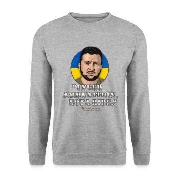 Selenskyj Zitat Munition Mitfahrgelegenheit - Unisex Pullover - Weißgrau meliert - Vorne - Alina (178cm) & Michal (187cm)