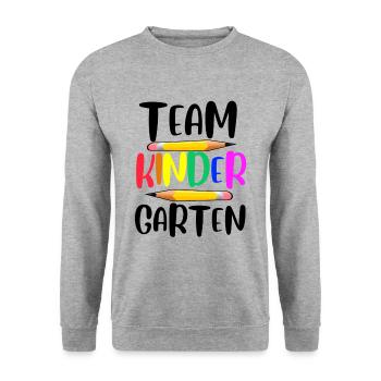 Team Kindergarten - Unisex Pullover - Weißgrau meliert - Vorne - Alina (178cm) & Michal (187cm)